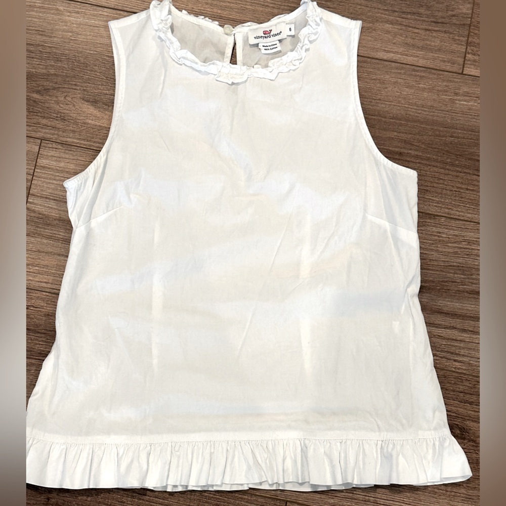 Vineyard Vines White Ruffle Neck Blouse Size 6